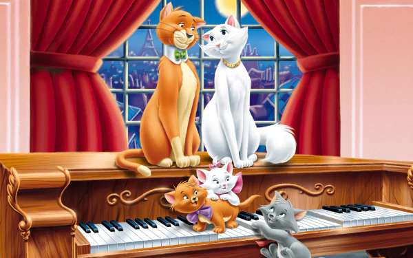 HD PC desktop wallpaper featuring characters from the movie The Aristocats sitting and playing on a piano with a cityscape visible through a window.