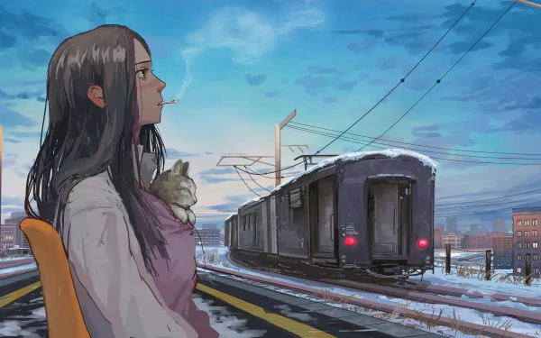 Anime-style 4K Ultra HD desktop wallpaper featuring a woman holding a cat on a snowy platform as a train departs under a bright blue sky.