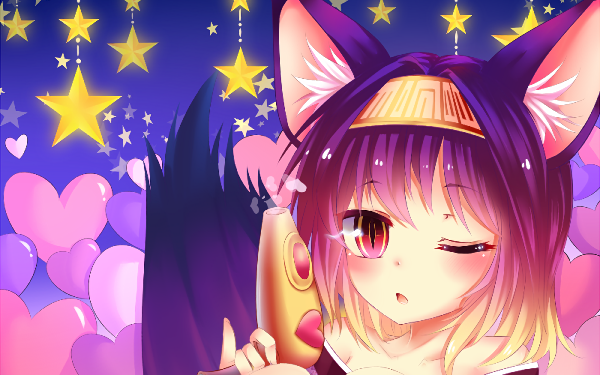 HD anime desktop wallpaper featuring Izuna Hatsuse from No Game No Life with vibrant stars and heart shapes in a colorful, whimsical background.