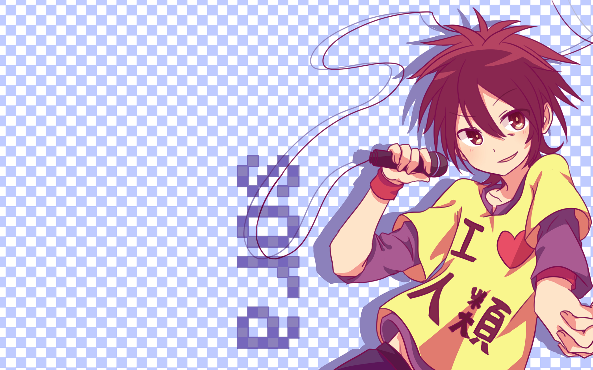 Sora (No Game No Life) anime character smiling with a microphone on a purple checkerboard background, 2K Quad HD PC desktop wallpaper.