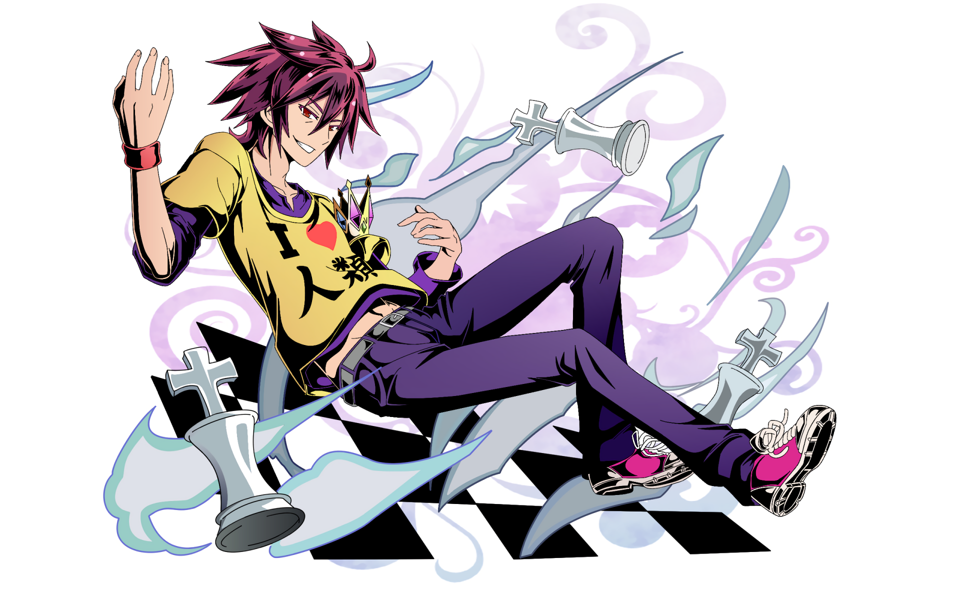 HD anime desktop wallpaper featuring Sora from No Game No Life, sitting casually with chess-themed elements floating around on a transparent background.