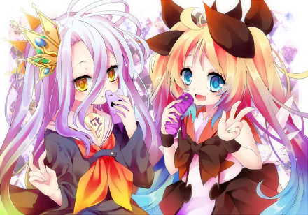 HD anime desktop wallpaper featuring Shiro from No Game No Life holding vibrant mobiles, inspired by Nokia Greed Packet Unlimited in a colorful crossover style.