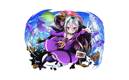 HD anime desktop wallpaper featuring Shiro from No Game No Life, depicted with vibrant colors and dynamic elements in a fantasy setting.