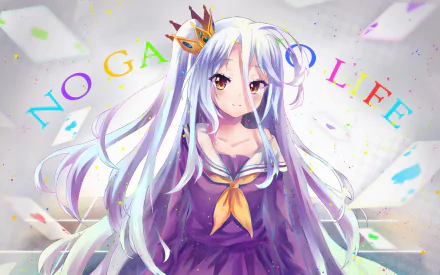 HD anime desktop wallpaper featuring Shiro from No Game No Life, showcasing her with long white hair, a crown, and vibrant colors surrounding the text No Game No Life.