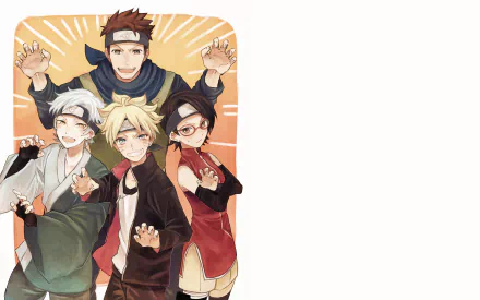 Anime characters Konohamaru Sarutobi, Mitsuki, Boruto Uzumaki, and Sarada Uchiha from Boruto in a joyful group pose. This HD desktop wallpaper captures their vibrant camaraderie and dynamic energy.