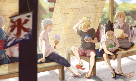 HD desktop wallpaper featuring Boruto Uzumaki and friends from the anime Boruto, relaxing together outdoors on a summer day.