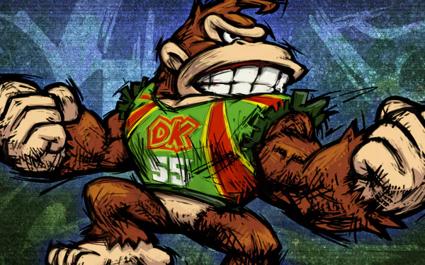 HD desktop wallpaper featuring Donkey Kong from Nintendo's Super Mario Strikers game, wearing a green DK shirt with the number 55, posed in a dynamic stance against a textured background.