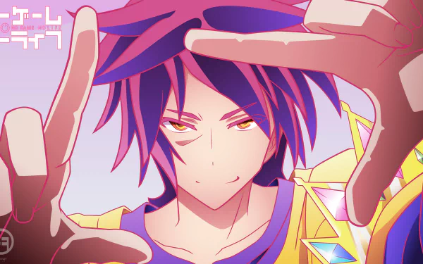 HD desktop wallpaper featuring Sora from the anime No Game No Life, framed carefully by his hands, vibrant colors and detailed animation.