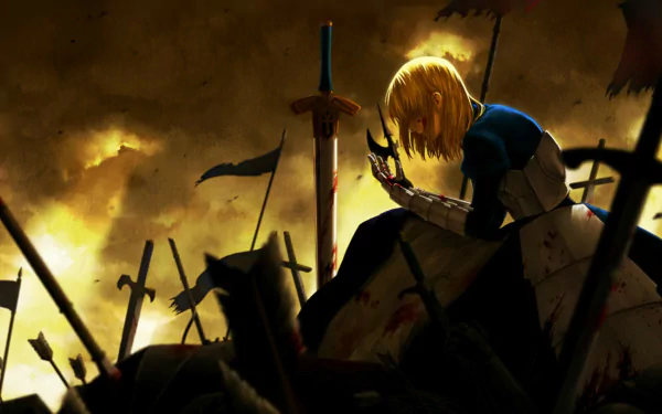 HD desktop wallpaper featuring Artoria Pendragon (Saber) from the Fate series (Fate/Zero) in a dramatic scene amidst a battlefield with a dark, cloudy sky and scattered swords.