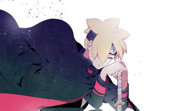 HD desktop wallpaper featuring Boruto Uzumaki from the anime Boruto, depicted in a contemplative pose with a sword and dark cloak.