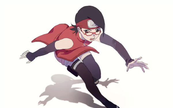 Sarada Uchiha (Boruto) anime HD PC desktop wallpaper: dynamic crouching pose in red vest, black hair and glasses against a clean white background.