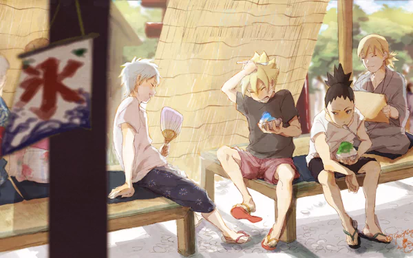 HD desktop wallpaper featuring Boruto Uzumaki and friends from the anime Boruto, relaxing together outdoors on a summer day.
