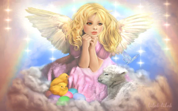 A fairy-like little girl with wings, a lamb, chicks, Easter eggs, and a butterfly, set against a dreamy background. The image exudes a magical and festive Easter holiday ambiance. HD desktop wallpaper.