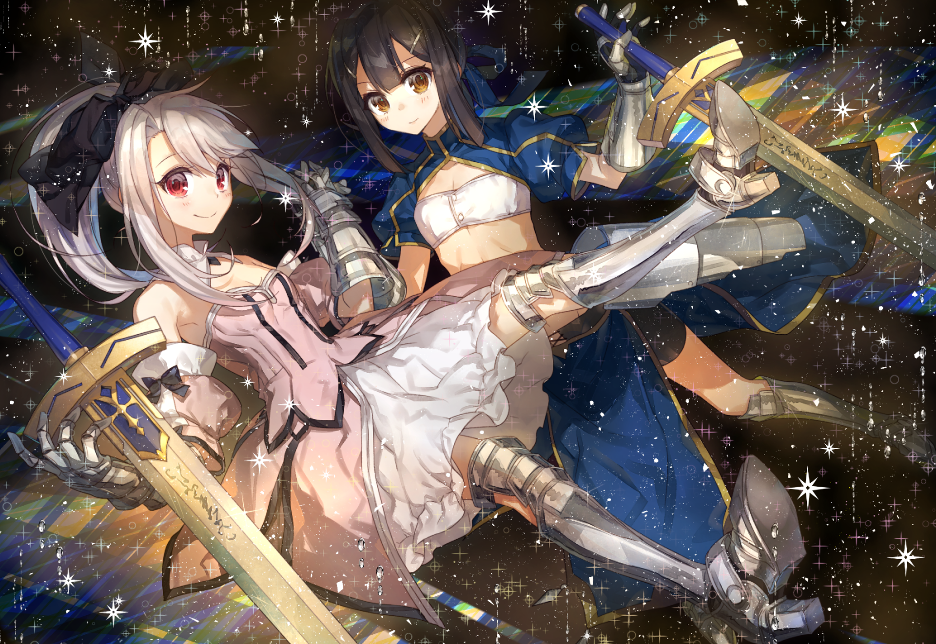 HD desktop wallpaper featuring Miyu Edelfelt and Illyasviel Von Einzbern from the anime Fate/kaleid liner Prisma Illya, both in elaborate costumes with swords, set against a vibrant, starry background.