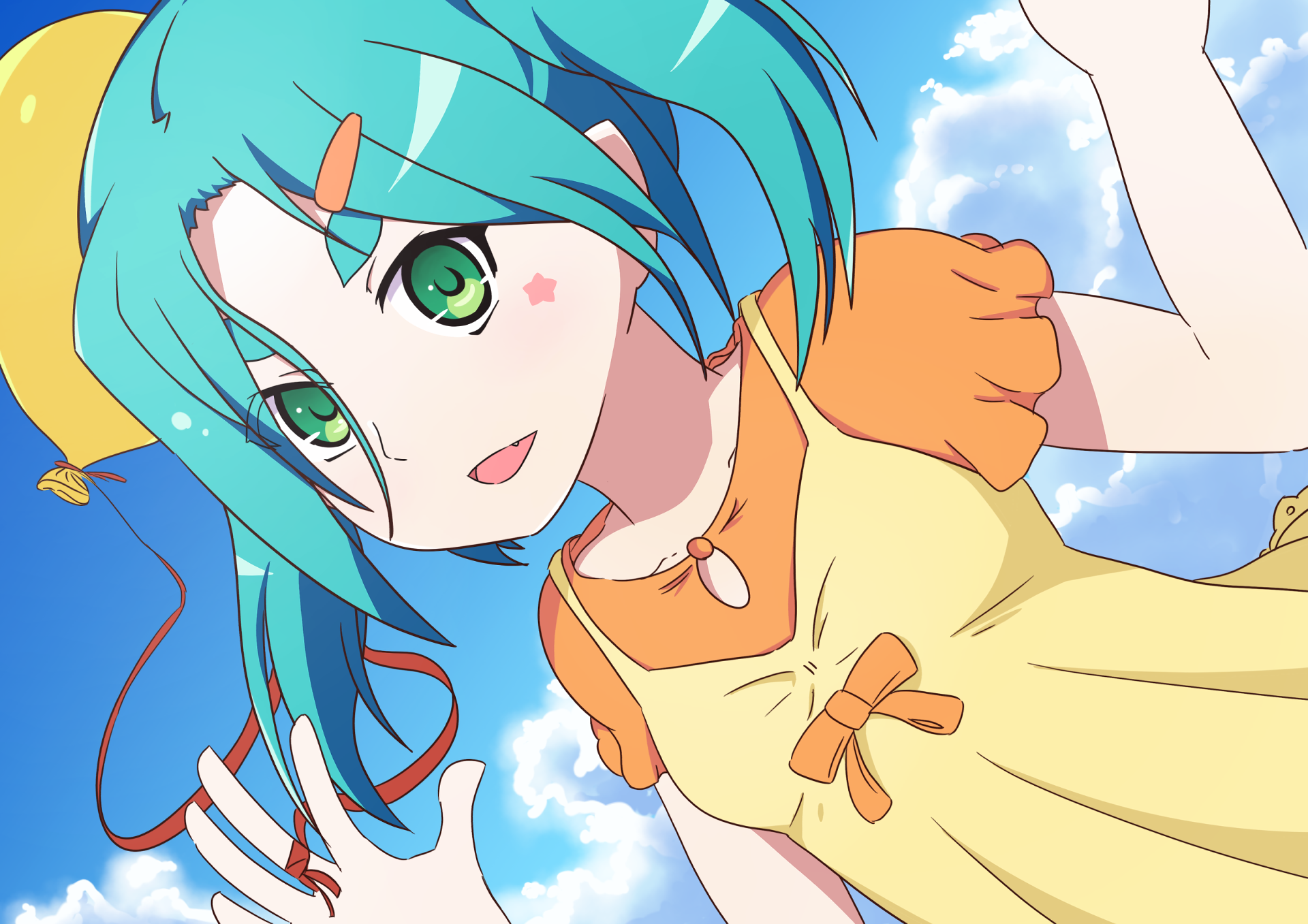 HD anime desktop wallpaper featuring Yotsugi Ononoki from the Monogatari series, showcasing her vibrant teal hair and expressive green eyes against a bright sky backdrop.