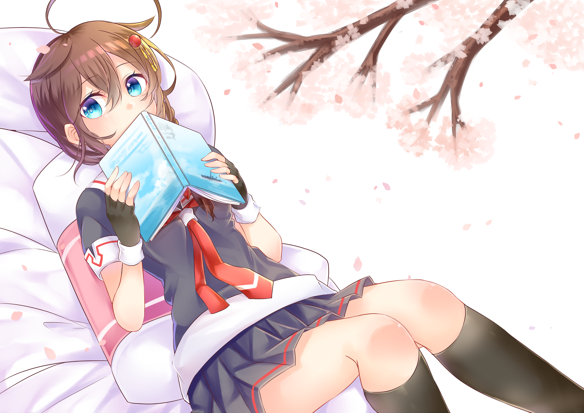 HD anime desktop wallpaper featuring Shigure from Kantai Collection relaxing with a book under cherry blossom branches.
