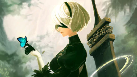 YoRHa No.2 Type B (2B) from NieR: Automata holding a blue butterfly, standing next to a large sword. The image is a high-definition desktop wallpaper and background.