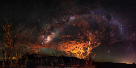 A stunning HD desktop wallpaper featuring a Sci-Fi inspired scene with the Milky Way arching across a starry night sky, interspersed with dramatic clouds.