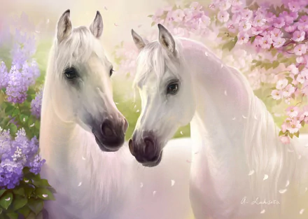 Artistic painting of two white horses with a blossom and flower-filled spring background. This HD desktop wallpaper radiates elegance and nature's beauty.