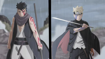 HD desktop wallpaper of Boruto Uzumaki and Kawaki from the anime Boruto. The two characters stand side by side, wielding weapons, in a dramatic rain-soaked scene.
