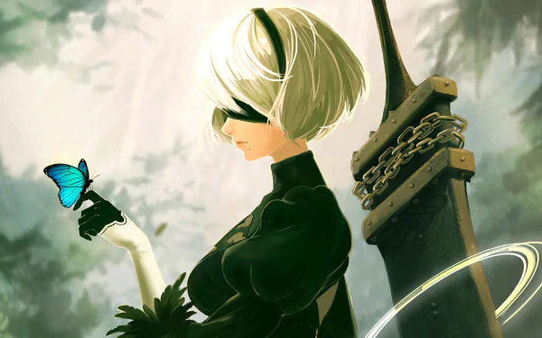 YoRHa No.2 Type B (2B) from NieR: Automata holding a blue butterfly, standing next to a large sword. The image is a high-definition desktop wallpaper and background.