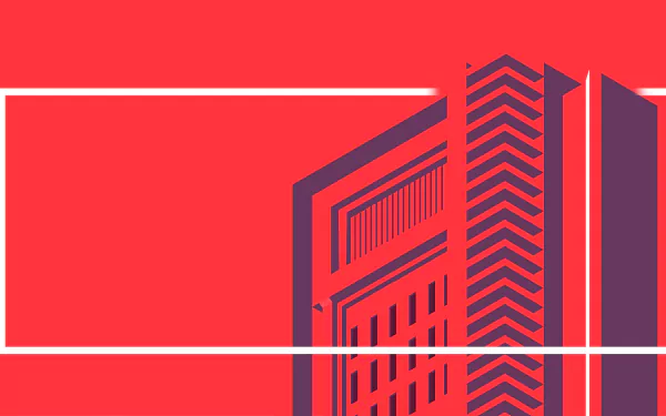 HD PC desktop wallpaper featuring a red-toned artistic vector of a building with box-like geometric shapes and bold lines on a vivid background.