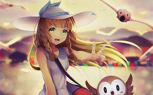 Wingull (Pokémon) Rowlet (Pokémon) Lillie (Pokemon) video game Pokémon: Sun and Moon HD Desktop Wallpaper | Background Image