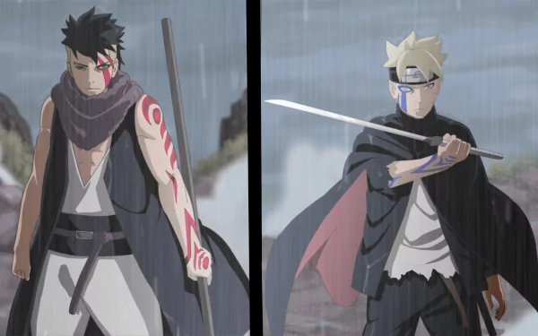 HD desktop wallpaper of Boruto Uzumaki and Kawaki from the anime Boruto. The two characters stand side by side, wielding weapons, in a dramatic rain-soaked scene.