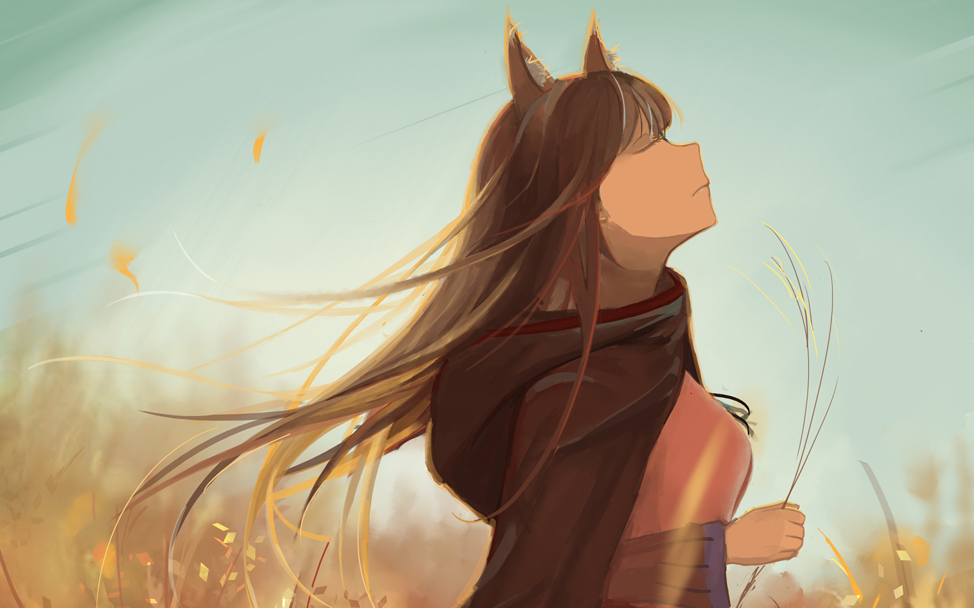 HD anime desktop wallpaper featuring Holo from Spice & Wolf, depicted with flowing hair and wolf ears against a serene sky and golden field background.