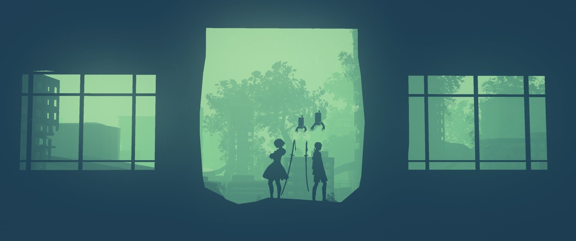 Silhouettes of characters from the video game NieR: Automata stand in a shadowy, green-toned scene, framed by large windows, creating an atmospheric HD wallpaper.