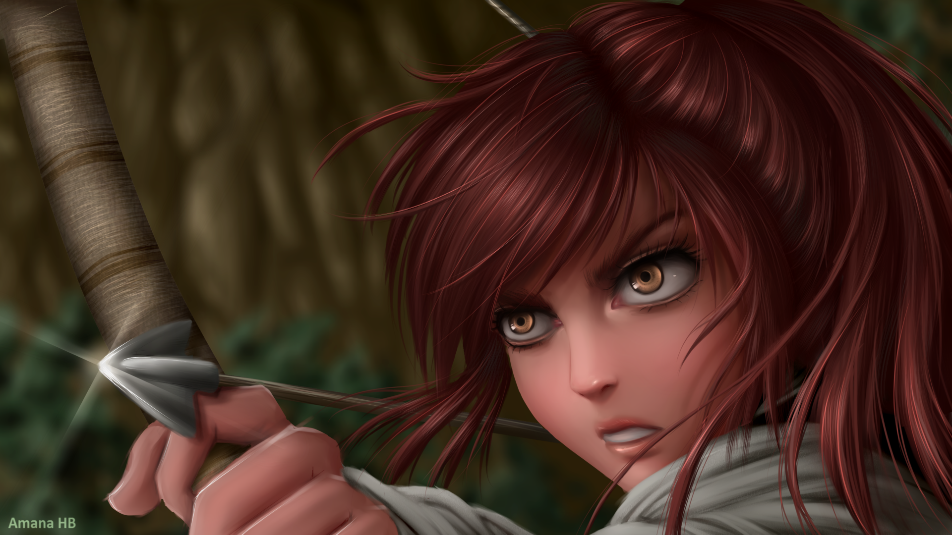 Sasha Blouse from Attack on Titan with brown eyes and hair in a ponytail, aiming a bow and arrow in a detailed anime HD desktop wallpaper.
