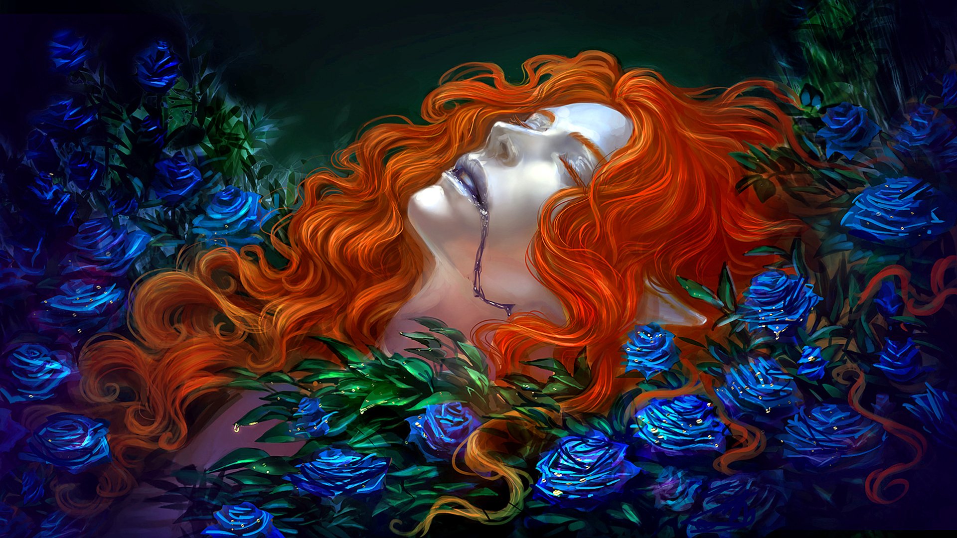 HD dark fantasy wallpaper depicting a pale figure with vibrant orange hair lying among glowing blue roses, evoking themes of death and otherworldly beauty.