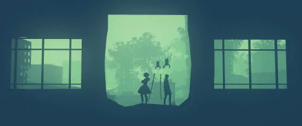 Silhouettes of characters from the video game NieR: Automata stand in a shadowy, green-toned scene, framed by large windows, creating an atmospheric HD wallpaper.
