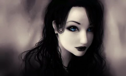 HD PC desktop wallpaper of a gothic fantasy woman with striking blue eyes, dark hair, and pale skin set against a muted, blurred background.
