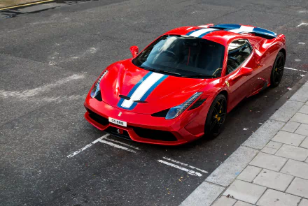 Red Ferrari 458 Speciale supercar with white and blue racing stripes parked on the street, shown in high-definition desktop wallpaper quality.