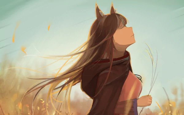 HD anime desktop wallpaper featuring Holo from Spice & Wolf, depicted with flowing hair and wolf ears against a serene sky and golden field background.
