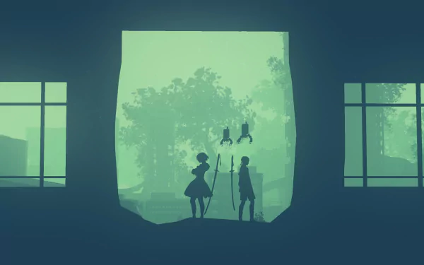 Silhouettes of characters from the video game NieR: Automata stand in a shadowy, green-toned scene, framed by large windows, creating an atmospheric HD wallpaper.