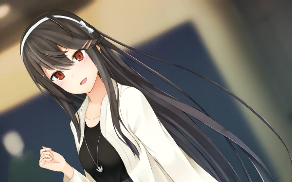 HD anime desktop wallpaper featuring Haruna from Kantai Collection with long dark hair and a white jacket against a blurred background.