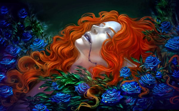 Fantasy Dark Death Rose Orange Hair Blue Flower HD Wallpaper | Background Image