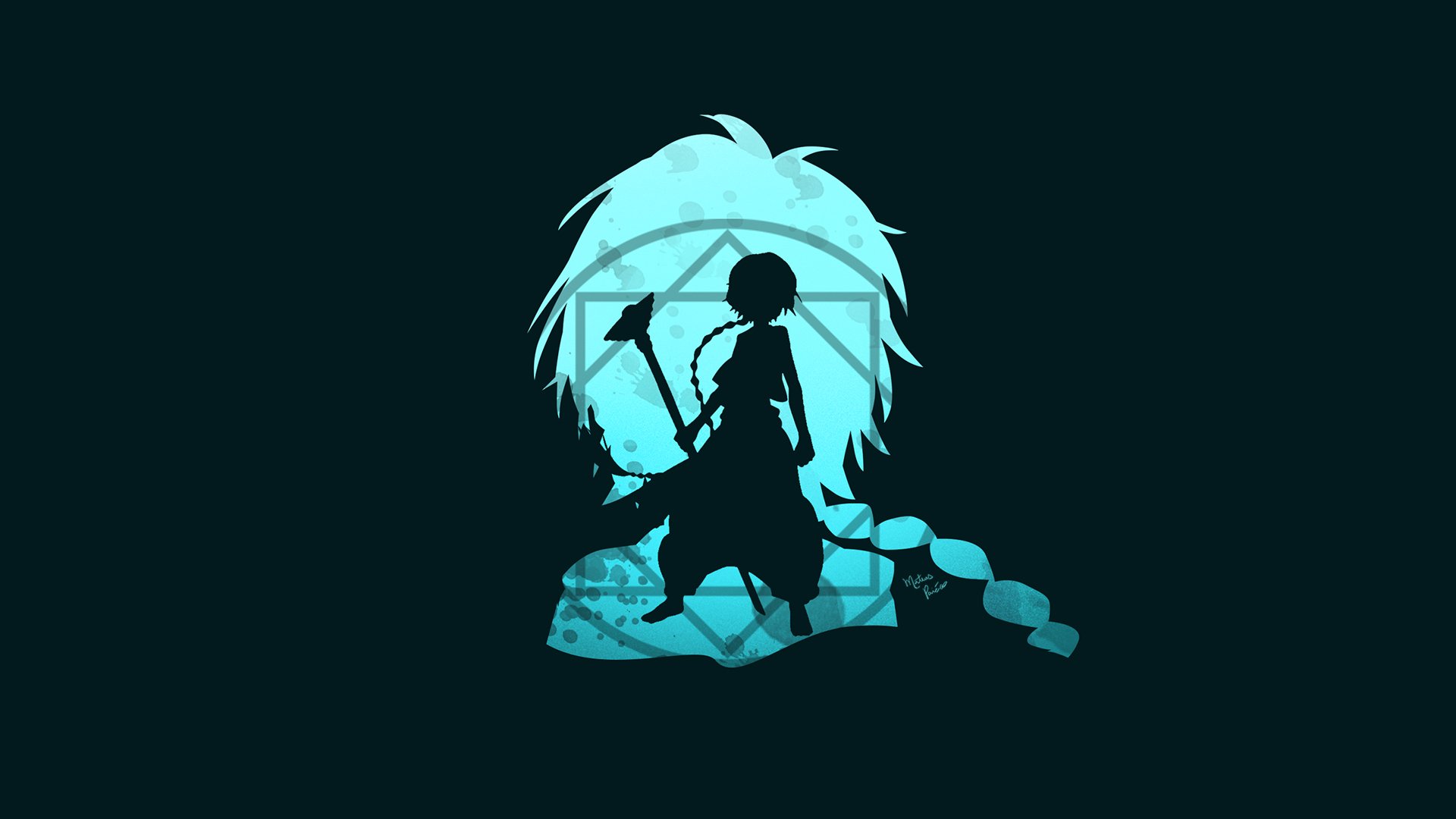 HD PC desktop wallpaper featuring a stylized silhouette from the anime Magi: The Labyrinth of Magic against a dark background with blue accents.