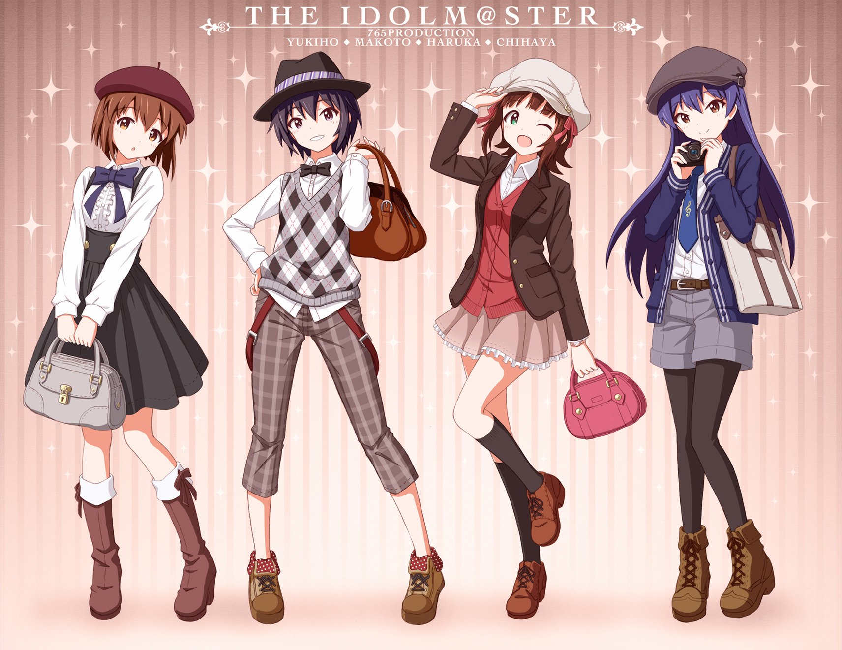 HD PC desktop wallpaper featuring anime characters Chihaya Kisaragi, Makoto Kikuchi, Yukiho Hagiwara, and Haruka Amami from The iDOLM@STER dressed in stylish casual outfits.