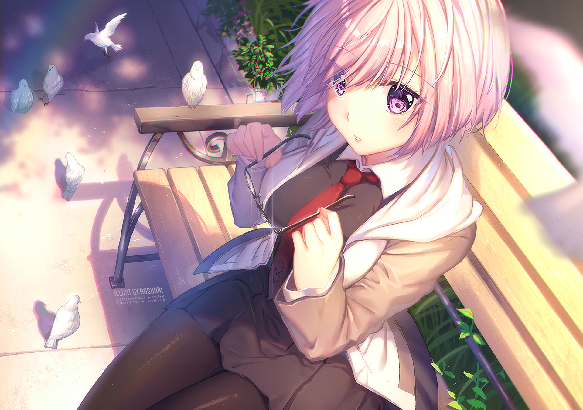 Anime character Shielder from Fate/Grand Order sitting on a bench surrounded by pigeons. HD desktop wallpaper with vibrant colors and detailed background.