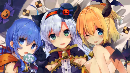 HD desktop wallpaper featuring Riel Rayford, Rumia Tingel, and Sistine Fibel from the anime Rokudenashi Majutsu Koushi to Akashic Records in colorful, intricate costumes.