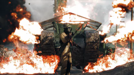 A soldier stands armed in front of a tank engulfed in flames, from the Battlefield 1 video game, shown in a dynamic HD PC desktop wallpaper scene.