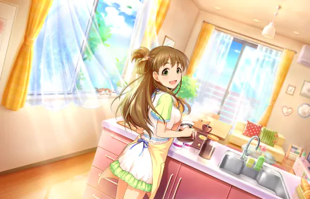 Shiho Makihara from THE iDOLM@STER: Cinderella Girls Starlight Stage smiling in a sunlit kitchen, anime HD PC desktop wallpaper and background.