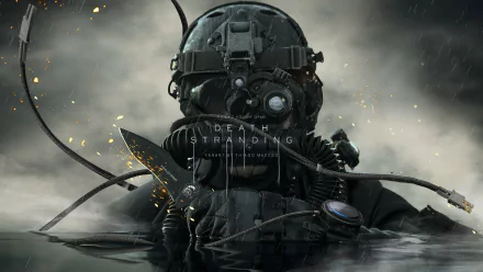 HD desktop wallpaper and background featuring a character from the video game Death Stranding, wearing a complex, futuristic diving suit, partially submerged in dark water with a somber, cloudy backdrop.