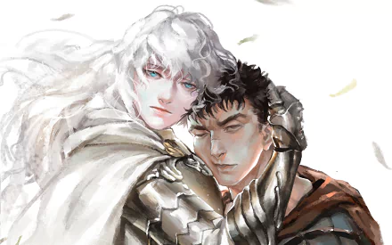 HD anime desktop wallpaper featuring Guts and Griffith from Berserk in a close, intense pose with detailed art and soft colors.
