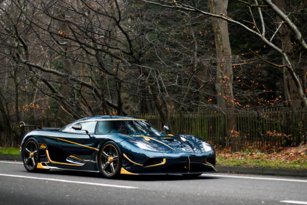 HD desktop wallpaper of a sleek black Koenigsegg Agera RS supercar parked on a roadside, showcasing its aerodynamic design and luxury performance.