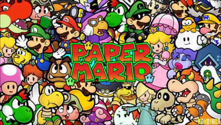 Vibrant HD Paper Mario desktop wallpaper featuring iconic characters like Rosalina, Bowser, Goomba, Princess Daisy, Toadette, Princess Peach, and Luigi in a colorful video game collage.