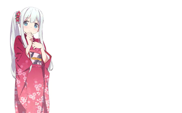 HD desktop wallpaper featuring Sagiri Izumi from EroManga-Sensei. She has long white hair, blue eyes, and a blush, wearing a red kimono with floral designs.